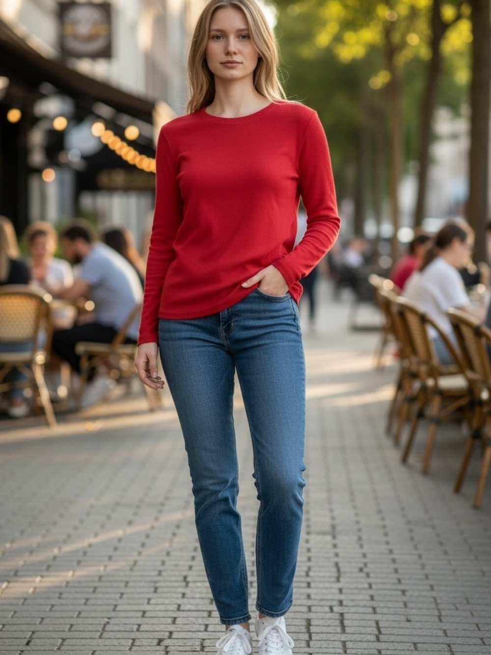 A New Day red ribbed long sleeve top features a classic crew neck desig